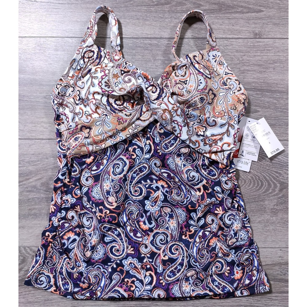 Lands End Tankini Womens Size 4 Purple Paisley Underwire Wrap Swim Top Beach
